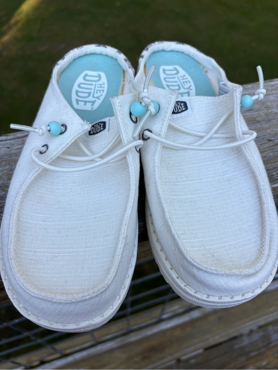Hey Dude Shoes - Hey Dude Off-White Canvas Slip-On Sneakers with Aqua Blue Accents